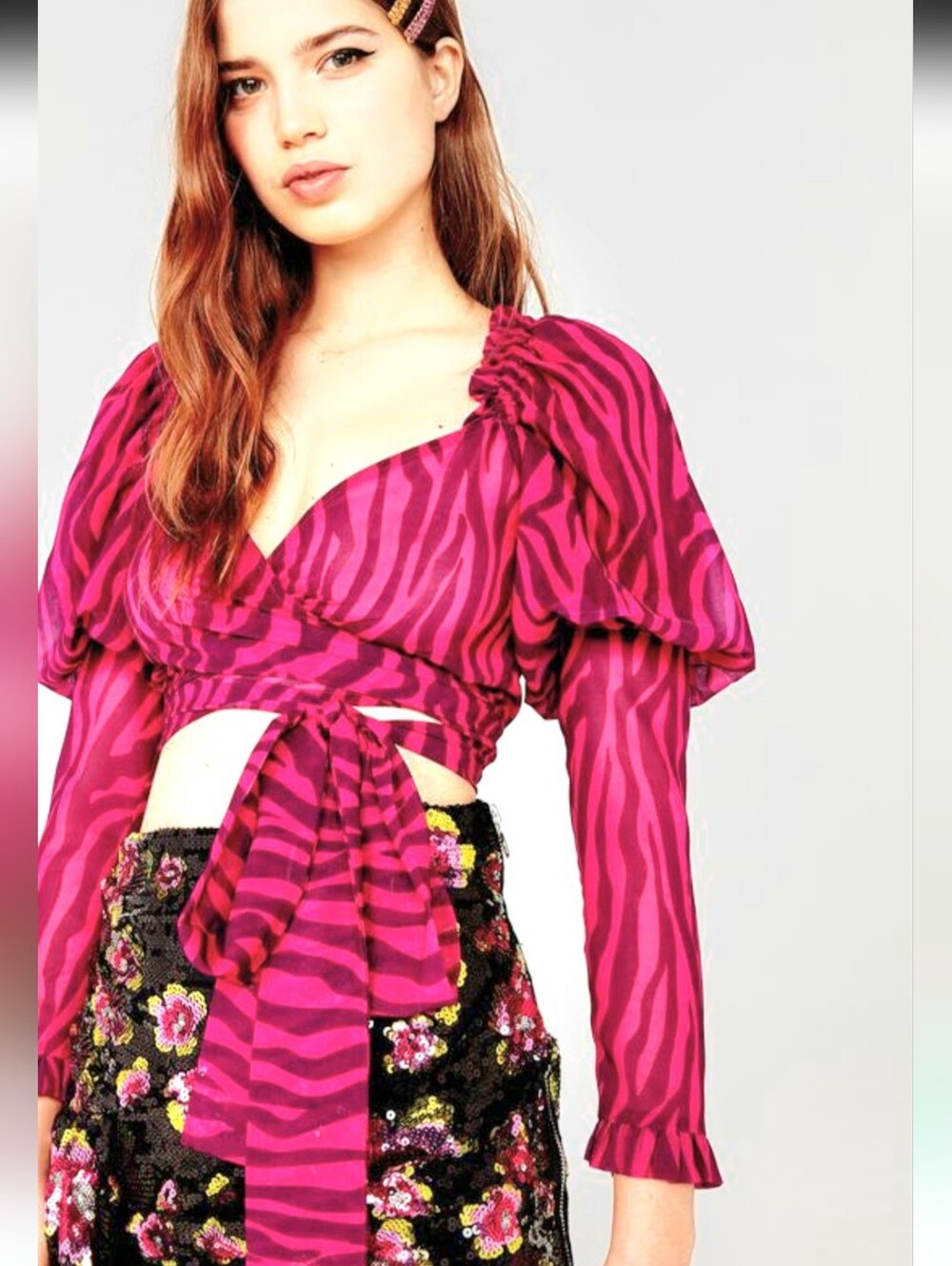 For Love & Lemons "Duran" 3/4 Sleeves Wrap Crop Top. Black, Pink Zebra Print. XS